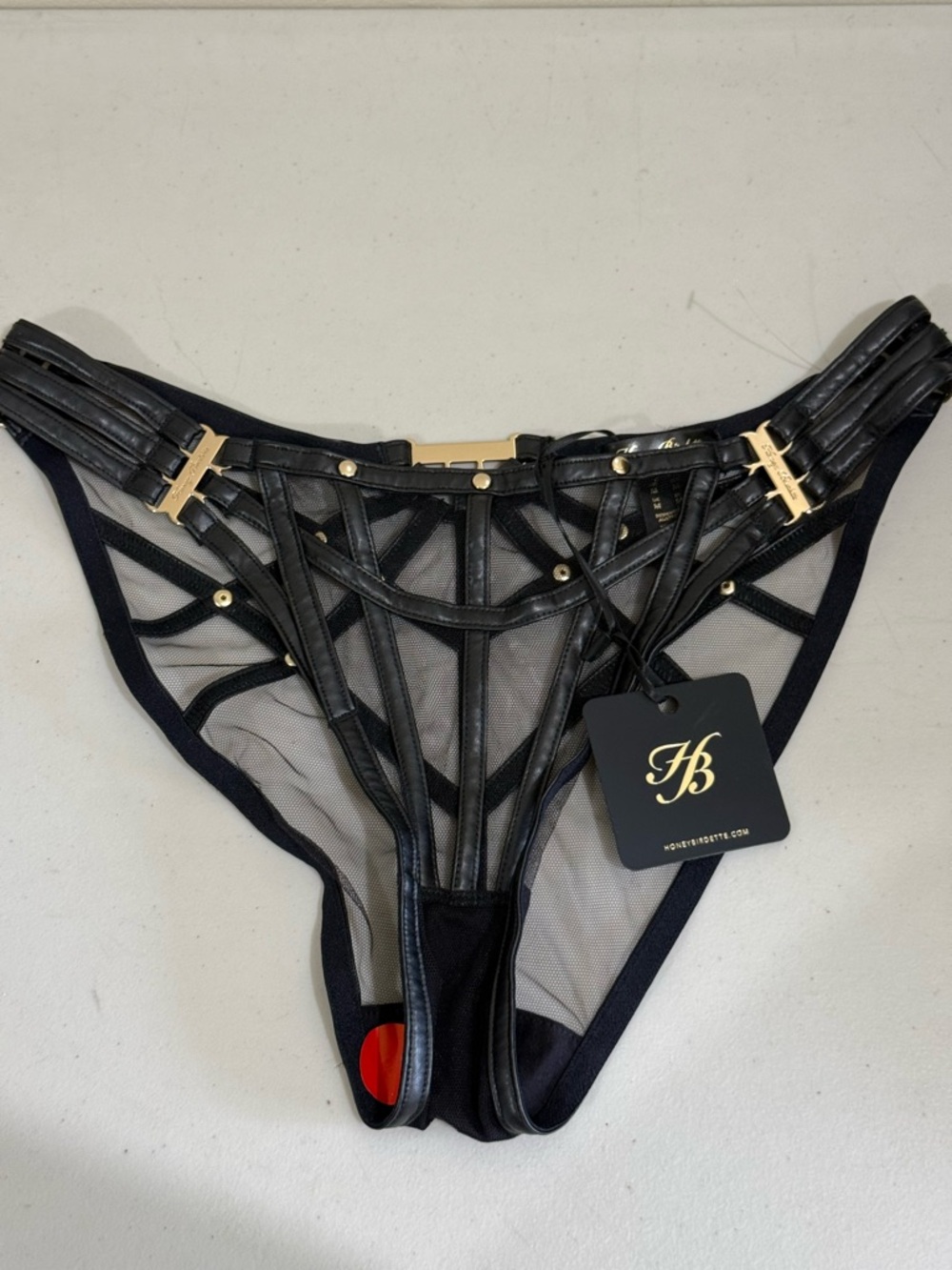 Honey Birdette Black Mesh Strappy Thong with Gold Hardware